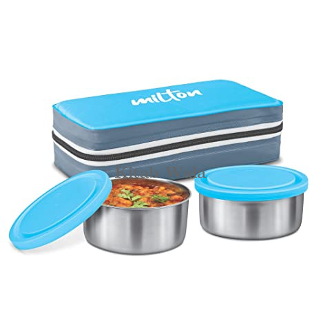 Milton New Mini Lunch Insulated Tiffin with 2 Containers, 280 ml Each, Cyan (Stainless Steel)
